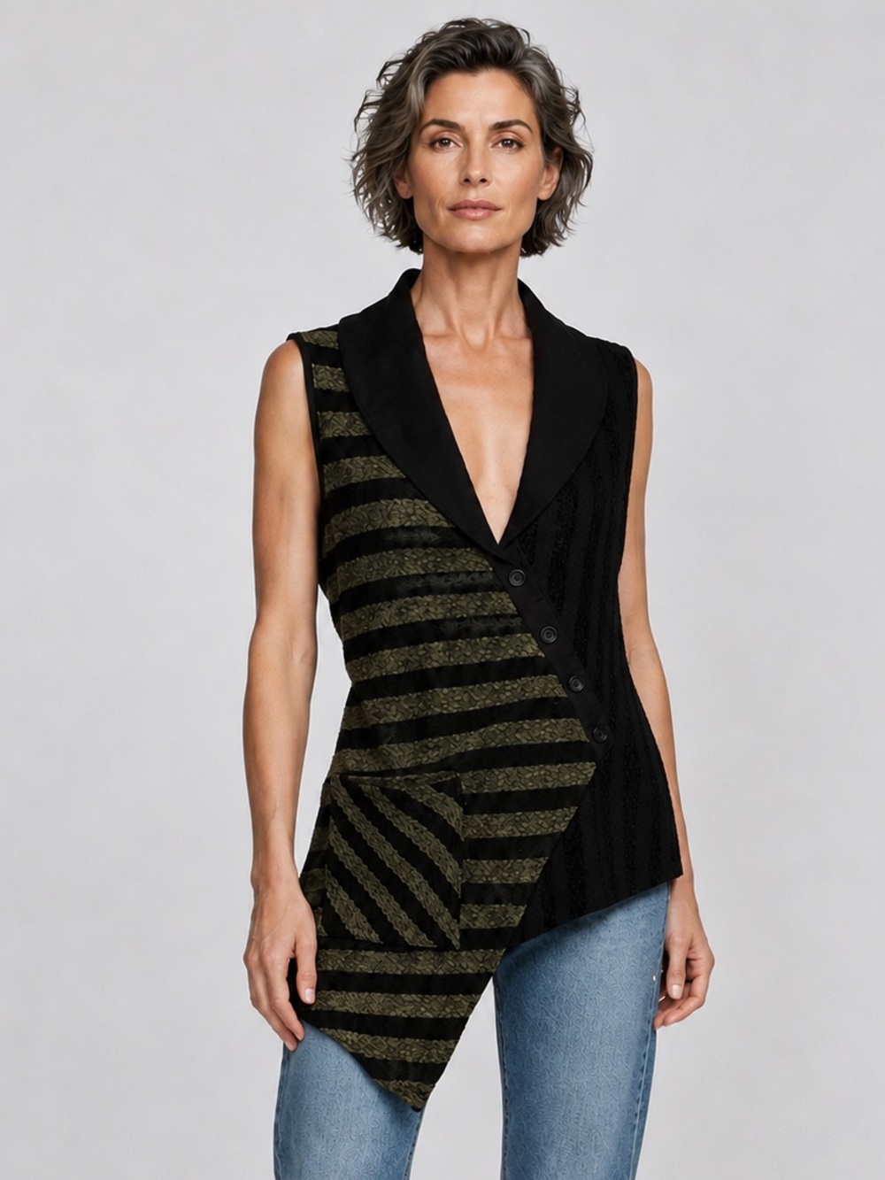 Luukaa Asymmetric Black & Olive Striped Vest. Textured fabrics, puff collar- 6
